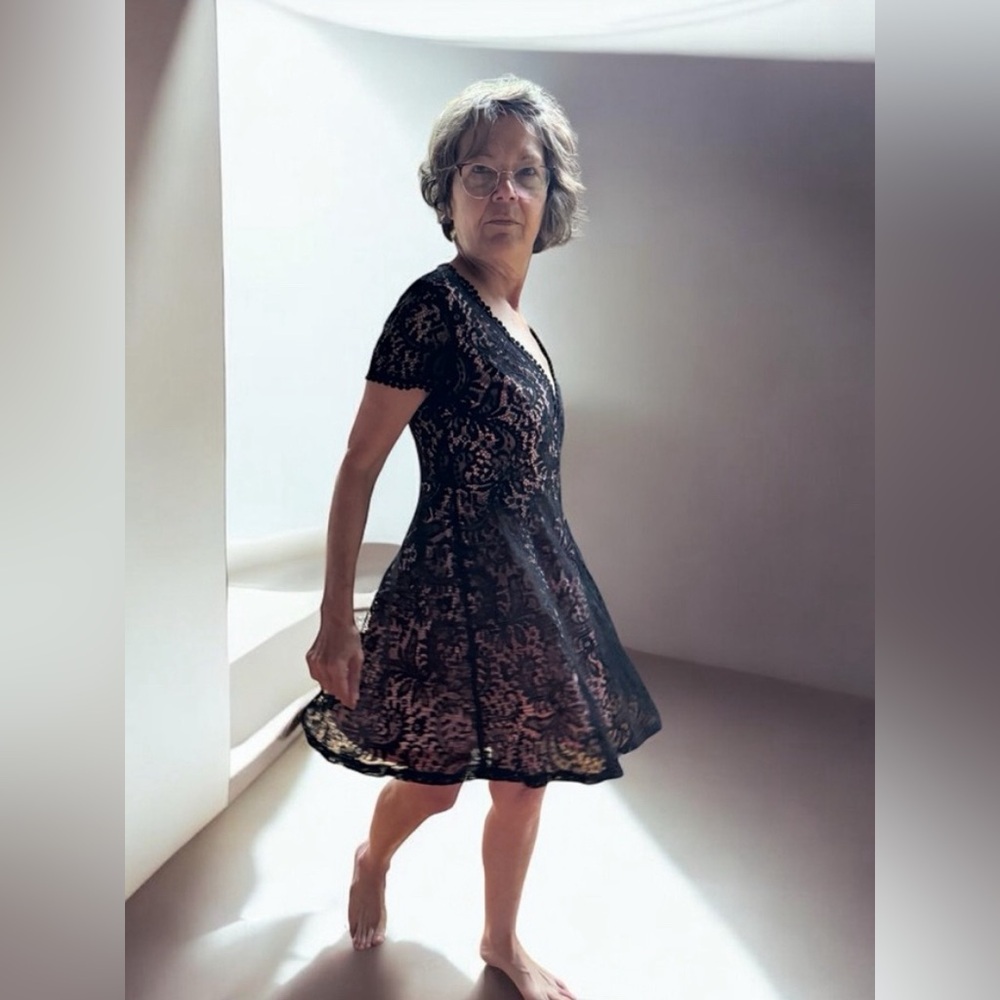 Black lace over pink dress, Size small